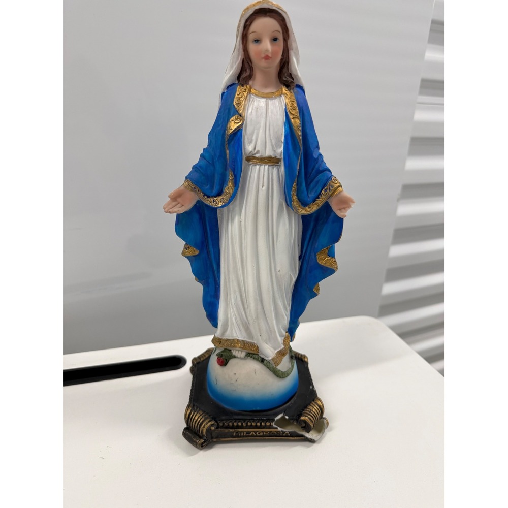 Virgin Mary Milagrosa Statue Religious Figurine Blue White Gold 12 Inch Chips